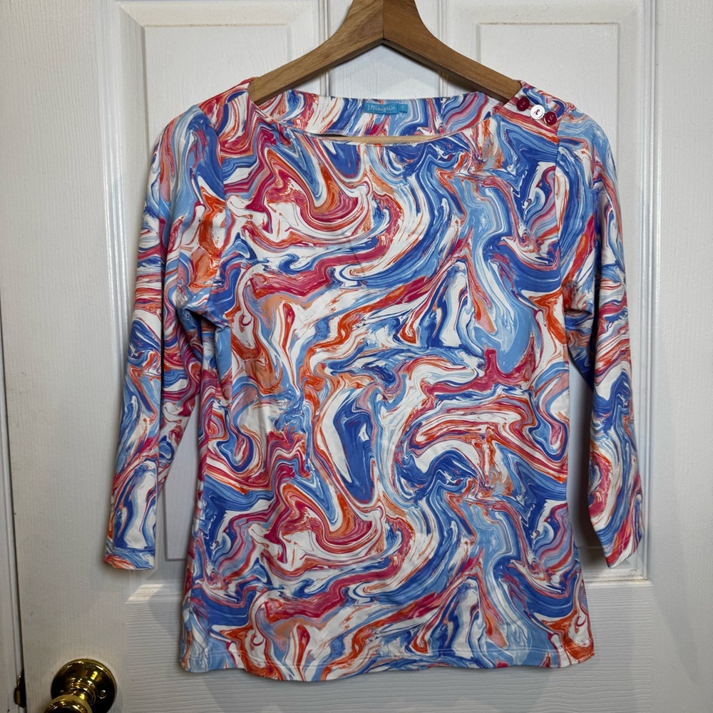 J.McLaughlin Catalina Cloth Fabric Marble Print Top S Blue Pink Orange Stretch - Picture 1 of 11